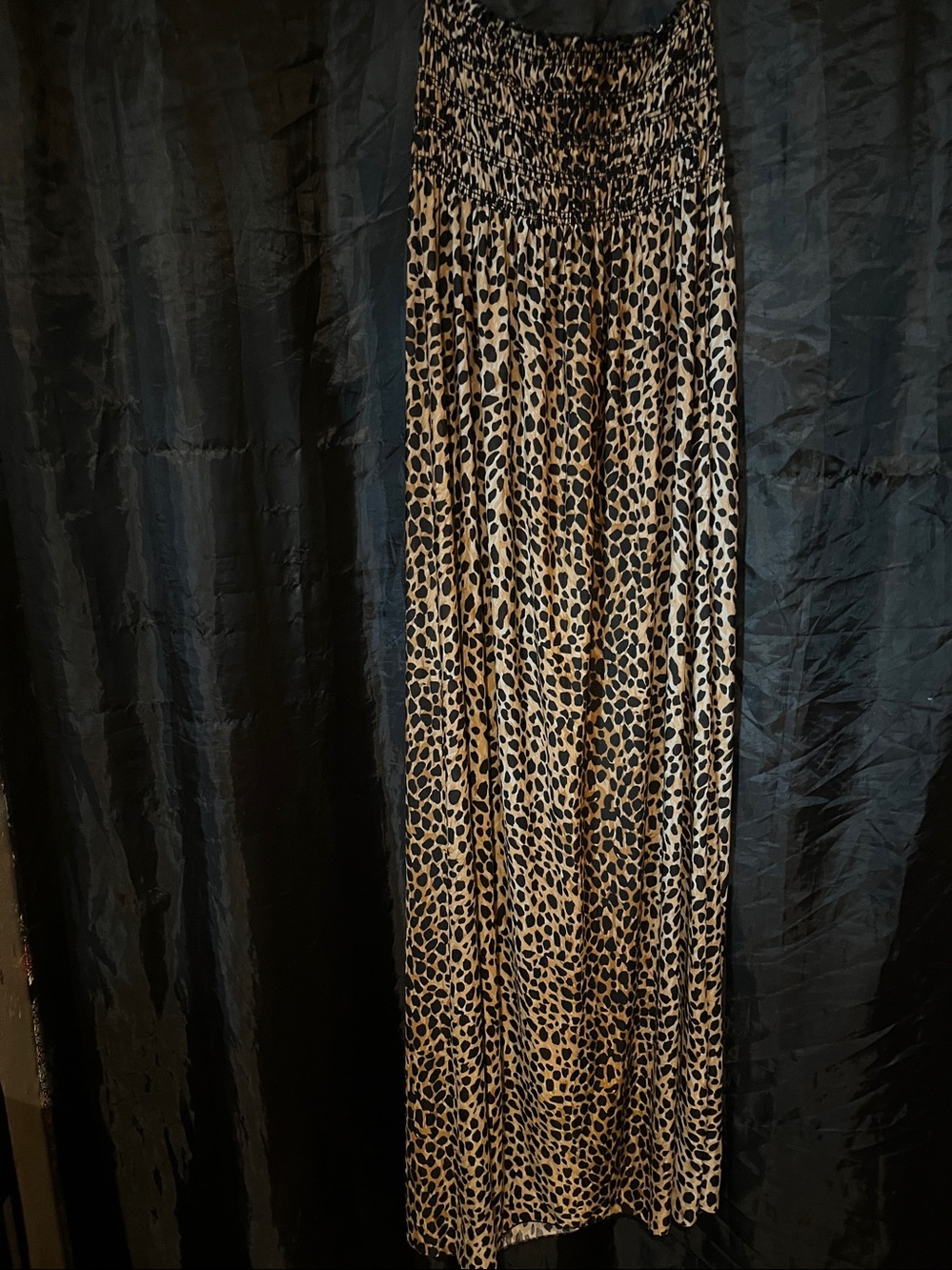 Leopard Print Smocked Maxi Dress - Black and Tan